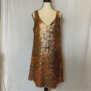 Phoebe Couture Pink and Gold Sequined Mini Cocktail Dress Size Large Womens
